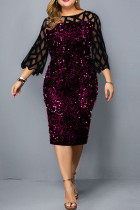 Zwart paars elegante effen pailletten patchwork O-hals recht Grote maten jurken