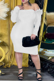 ホワイト セクシー カジュアル ソリッド パッチワーク フェザー バックレス オフショルダー ロングスリーブ プラスサイズ ドレス