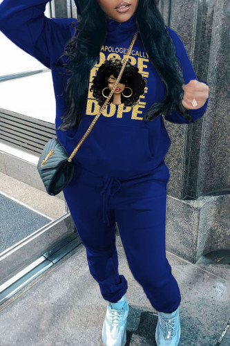 Blue Street Graphics Print Long Sleeve Hooded Collar Sweatshirt And Drawstring Pants Sportwear Plus Size Two Piece Jogger Set