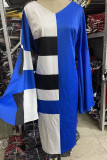 ブルー エレガント プリント パッチワーク V ネック ワンステップ スカート プラスサイズ ドレス