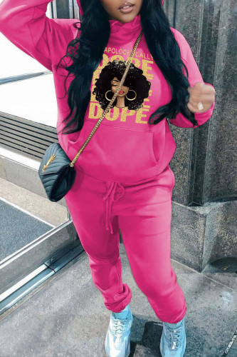 Rose Red Street Graphics Print Long Sleeve Hooded Collar Sweatshirt And Drawstring Pants Sportwear Plus Size Two Piece Jogger Set