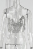 Серебряные сексуальные лоскутные топы с открытой спиной и лямкой на шее