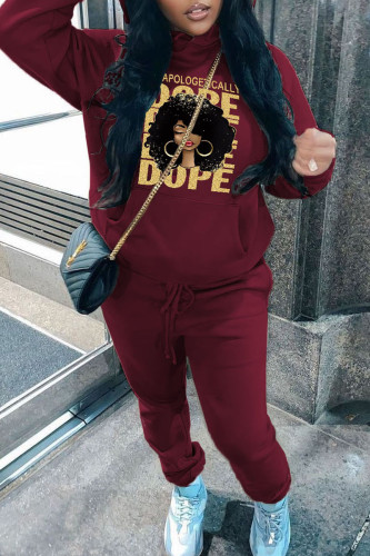 Burgundy Street Graphics Print Long Sleeve Hooded Collar Sweatshirt And Drawstring Pants Sportwear Plus Size Two Piece Jogger Set