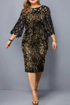Zwart goud Elegante effen pailletten Patchwork O-hals recht Grote maten jurken