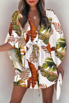 Bruine mode casual print patchwork jurken met V-hals
