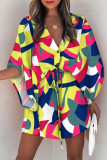 Gelb Lila Mode Casual Print Patchwork Kleider mit V-Ausschnitt