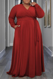 Red Casual Solid Patchwork Frenulum V Neck Long Sleeve Plus Size Dresses