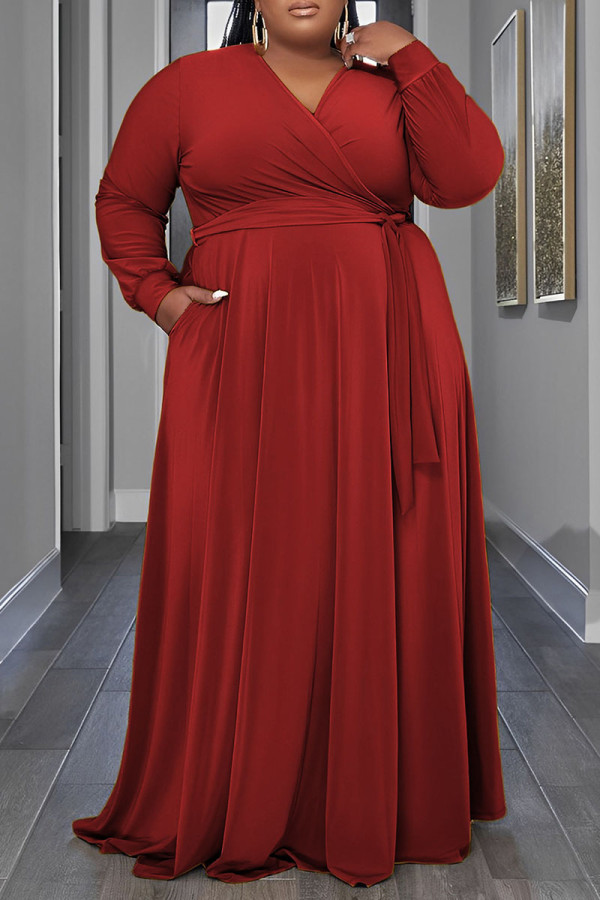 赤 カジュアル ソリッド パッチワーク 小帯 V ネック 長袖 プラスサイズ ドレス