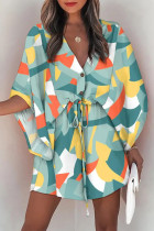 Lichtgroene mode casual print patchwork jurken met V-hals
