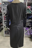 ブラック エレガント ソリッド スパンコール パッチワーク Oネック ストレート プラスサイズ ドレス
