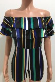 Black Green Sexy Casual Striped Print Patchwork Backless Off the Shoulder Regular Romper