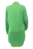 Senapsgrön Sexig Solid Spänne Asymmetrisk Skjorta Krage Skjorta Klänning Klänningar