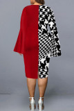 赤のエレガントなプリント パッチワーク V ネック ワン ステップ スカート プラス サイズのドレス