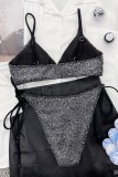 Черный сексуальный однотонный купальник в стиле пэчворк с открытой спиной (с прокладками)