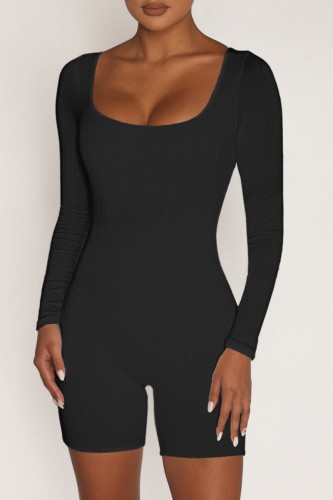 Black Casual Solid Basic U Neck Long Sleeve Skinny Romper