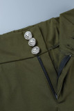 Calças lisas casuais com botões regulares verde militar cintura alta convencional de cor sólida