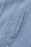 Cardigan strappato solido casual blu scuro Giacca di jeans regolare a maniche lunghe con colletto alla rovescia