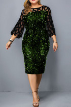 ブラック グリーン エレガント ソリッド スパンコール パッチワーク O ネック ストレート プラスサイズ ドレス