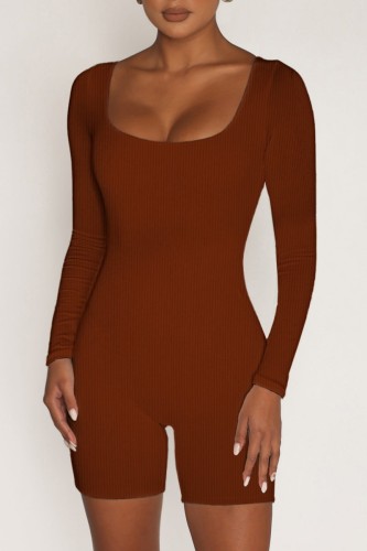 Brown Casual Solid Basic U Neck Long Sleeve Skinny Romper