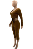Dark Brown Casual Solid Bandage Patchwork V Neck Long Sleeve Two Pieces