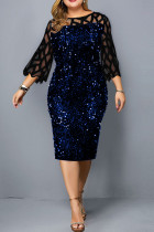 Blauw Zwart Elegant Effen Pailletten Patchwork O-hals Recht Grote maten jurken