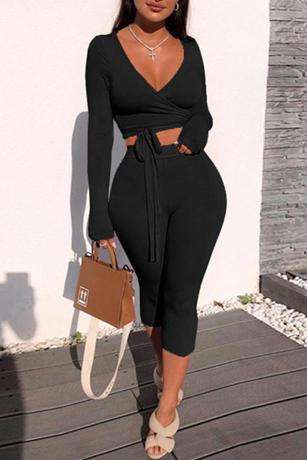 Black Casual Solid Bandage Patchwork V Neck Long Sleeve Two Pieces