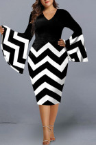 Zwarte elegante print patchwork V-hals eenstaps rok Grote maten jurken
