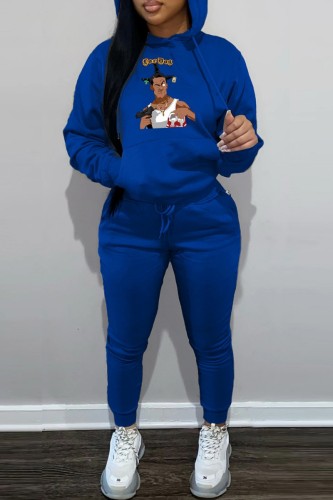Blue Casual Graphics Print Hooded Collar Long Sleeve Sweatshirt And Pants Sportwear Two Piece Jogger Set