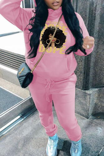 Pink Street Graphics Print Long Sleeve Hooded Collar Sweatshirt And Drawstring Pants Sportwear Plus Size Two Piece Jogger Set