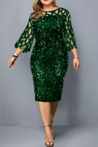 Gröna eleganta solida paljetter Patchwork O-hals raka klänningar i plusstorlek