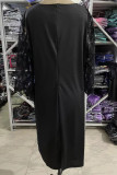 Black Elegant Solid Sequins Patchwork O Neck Straight Plus Size Dresses