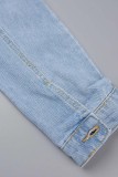 Cardigan strappato solido casual blu scuro Giacca di jeans regolare a maniche lunghe con colletto alla rovescia