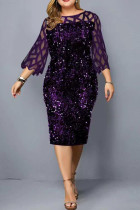 Пурпурные элегантные однотонные лоскутные блестки с круглым вырезом прямые платья больших размеров