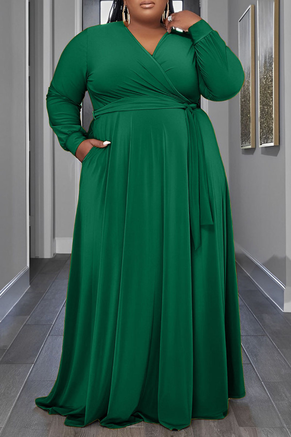 グリーン カジュアル ソリッド パッチワーク 小帯 V ネック 長袖 プラスサイズ ドレス
