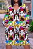 Earth Yellow Casual Cartoon Print Basic V Neck Long Sleeve Dresses