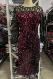 Бордовые элегантные сплошные блестки в стиле пэчворк с круглым вырезом прямые платья больших размеров
