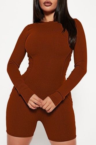 Brown Casual Solid Patchwork Basic O Neck Long Sleeve Skinny Romper