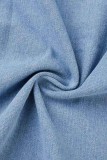 Diepblauw Casual Solid Ripped Cardigan Turndown Collar Regular Denim Jacket met lange mouwen