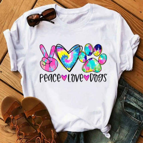 T-shirt con collo a O di base con stampa di lettere casual multicolori