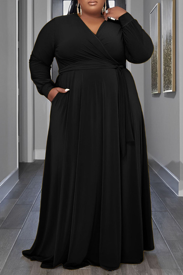 ブラック カジュアル ソリッド パッチワーク 小帯 V ネック ロング スリーブ プラス サイズ ドレス