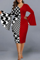 Vestidos tamanho grande com patchwork estampado vermelho elegante decote em V