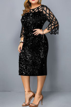 Черные элегантные сплошные блестки в стиле пэчворк с круглым вырезом прямые платья больших размеров