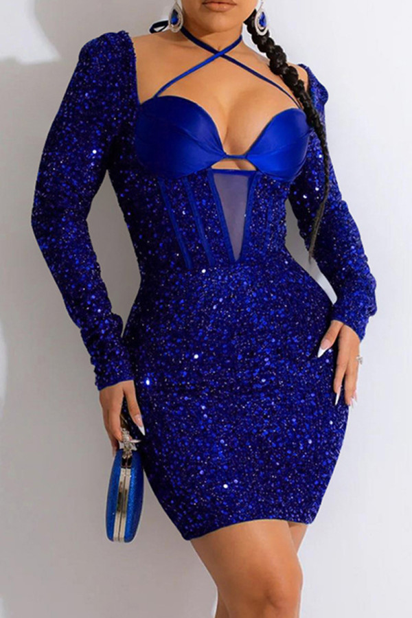 ブルーのセクシーなパッチワーク包帯スパンコール V ネック長袖ドレス