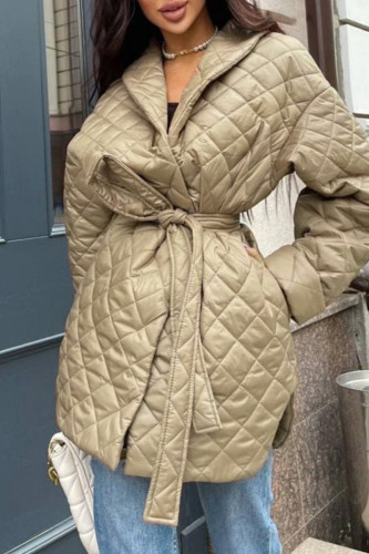 Khaki Casual Solid With Belt Turndown Collar Outerwear