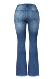 Jeans jeans azul bebê casual patchwork rasgado cintura alta regular