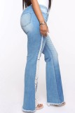 Dark Blue Casual Patchwork High Waist Regular Ripped Denim Jeans
