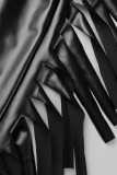 Jupe noire décontractée à franges solides, Patchwork, fente, slim, taille haute, couleur unie conventionnelle