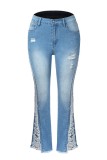 Jeans in denim regolari a vita alta strappati con patchwork casual blu scuro