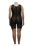 Black Sexy Solid See-through O Neck Plus Size Romper