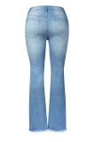 Dark Blue Casual Patchwork High Waist Regular Ripped Denim Jeans